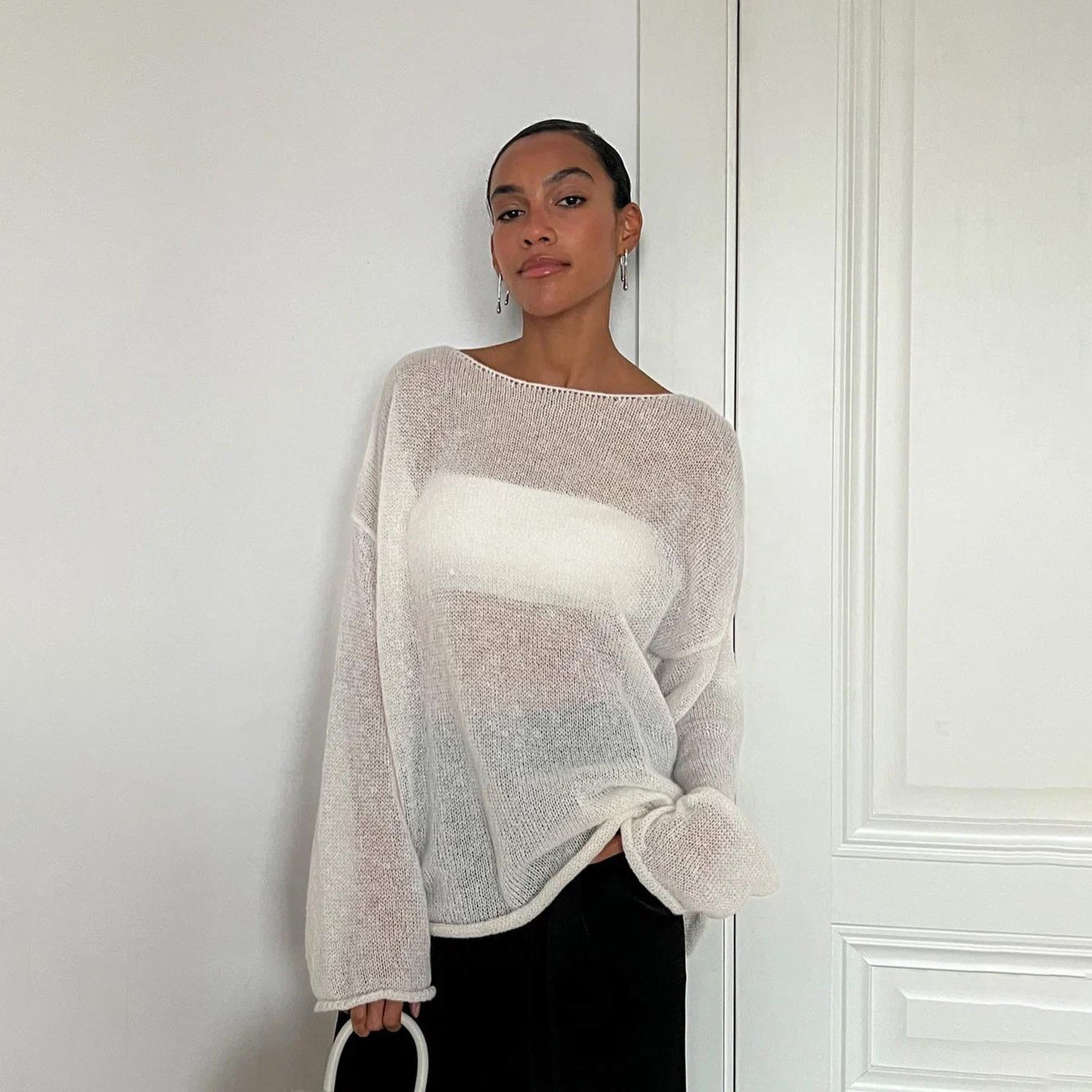 Sexy Sheer Loose Stretch Knit Top for Women – Trendy Crop Blouse with See-Through Design