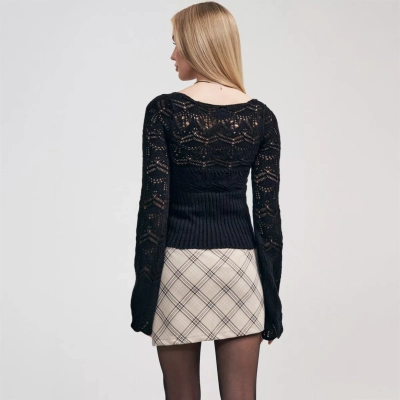 Sexy Square Neck Long Sleeve Waist-Cinching Knit Top with Cut-Out Details for Women 02