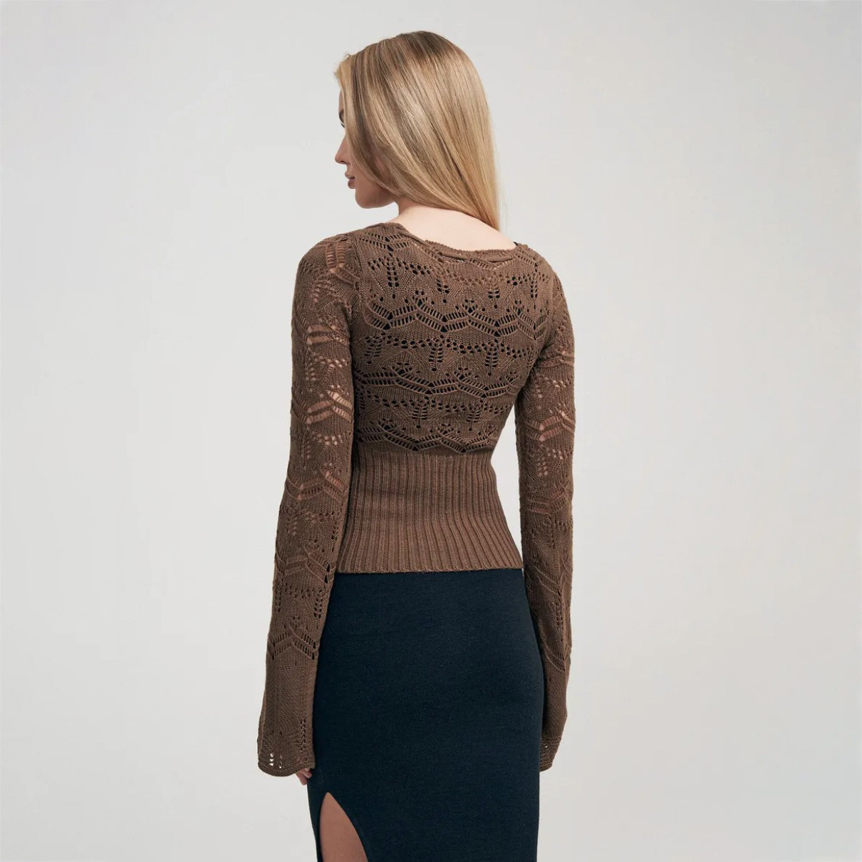 Sexy Square Neck Long Sleeve Waist-Cinching Knit Top with Cut-Out Details for Women