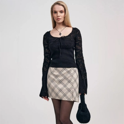 Sexy Square Neck Long Sleeve Waist-Cinching Knit Top with Cut-Out Details for Women 01