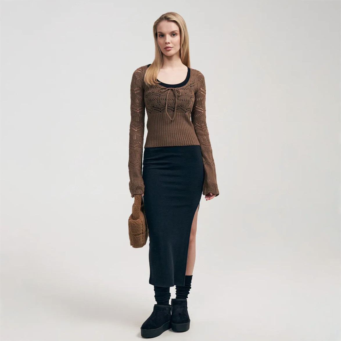 Sexy Square Neck Long Sleeve Waist-Cinching Knit Top with Cut-Out Details for Women
