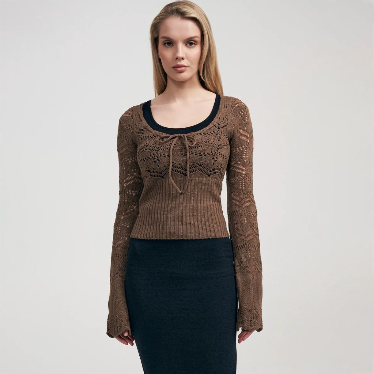 Sexy Square Neck Long Sleeve Waist-Cinching Knit Top with Cut-Out Details for Women
