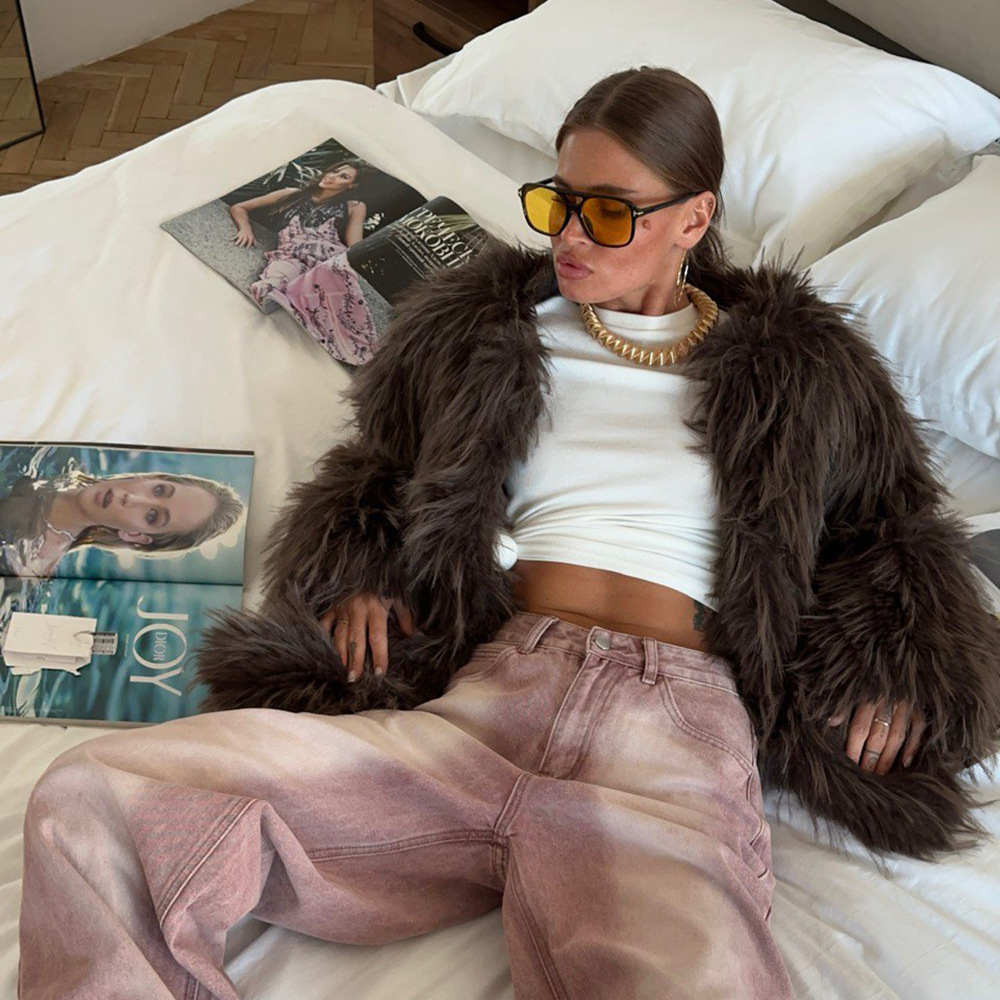 Solid Color Fuzzy Faux Fur Coat for Women – Short Elegant Winter Jacket with Slimming Cut