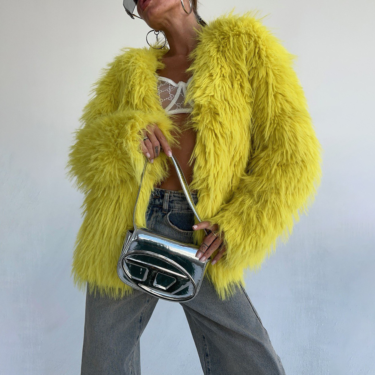 Solid Color Fuzzy Faux Fur Coat for Women – Short Elegant Winter Jacket with Slimming Cut