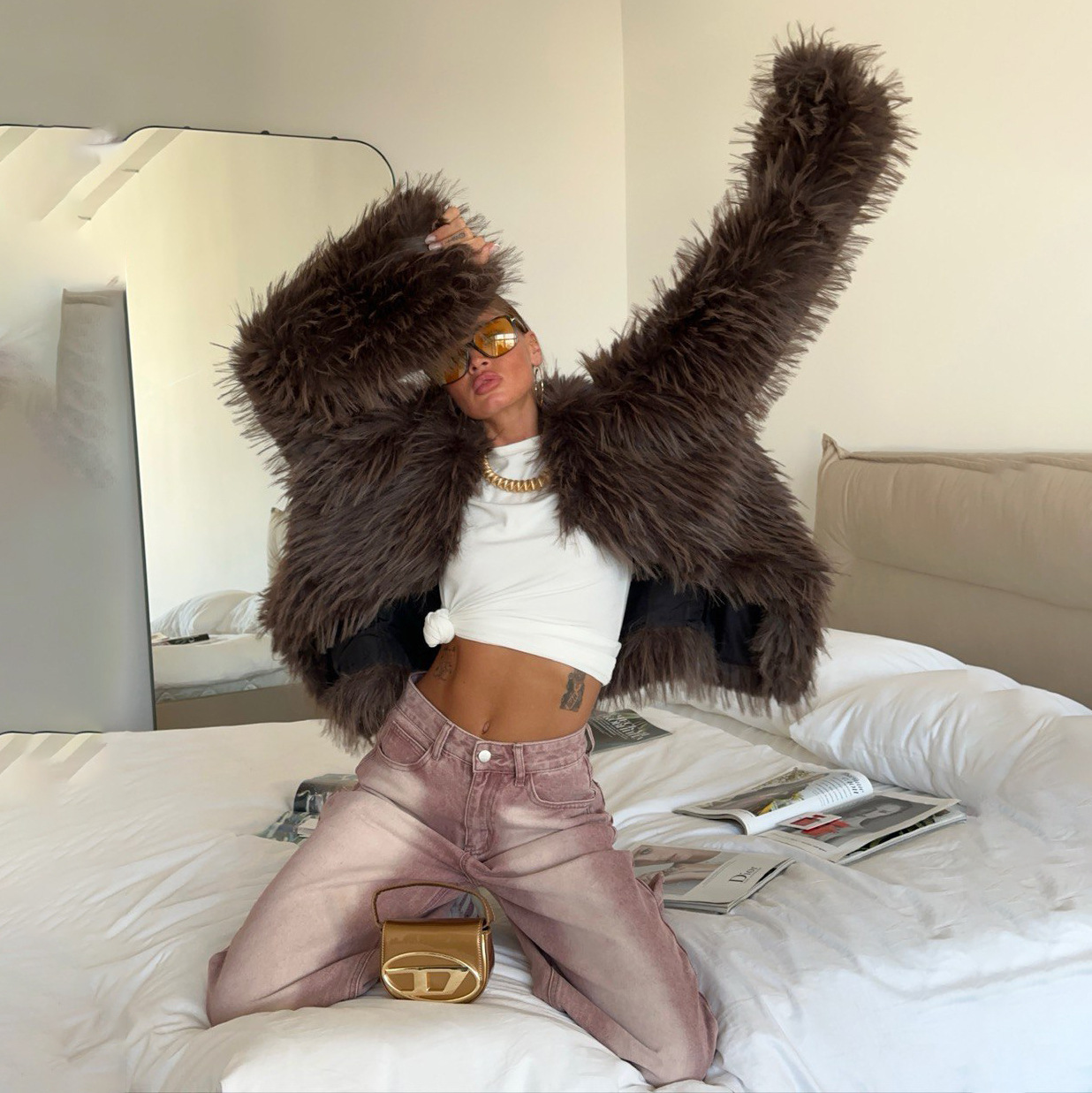 Solid Color Fuzzy Faux Fur Coat for Women – Short Elegant Winter Jacket with Slimming Cut