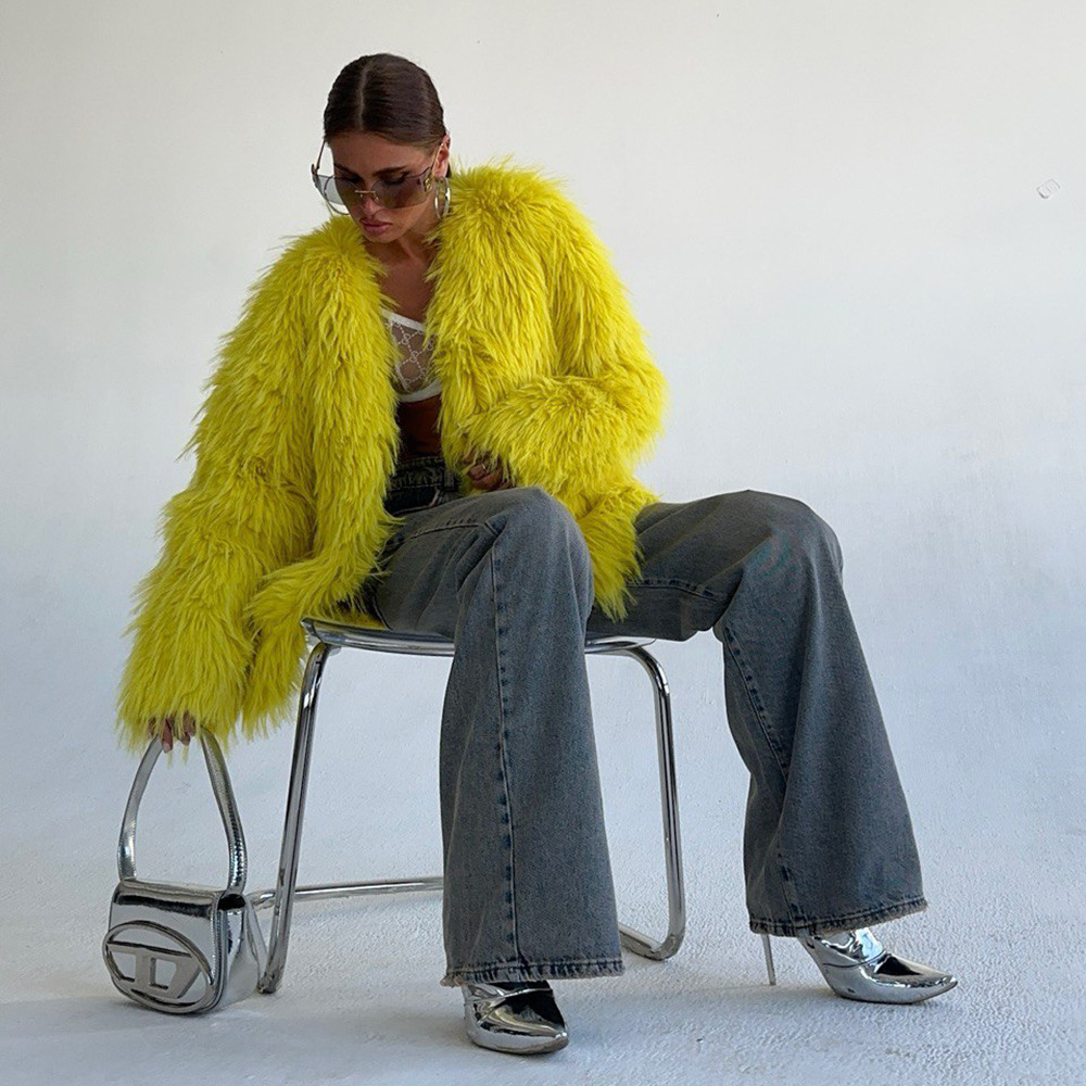 Solid Color Fuzzy Faux Fur Coat for Women – Short Elegant Winter Jacket with Slimming Cut