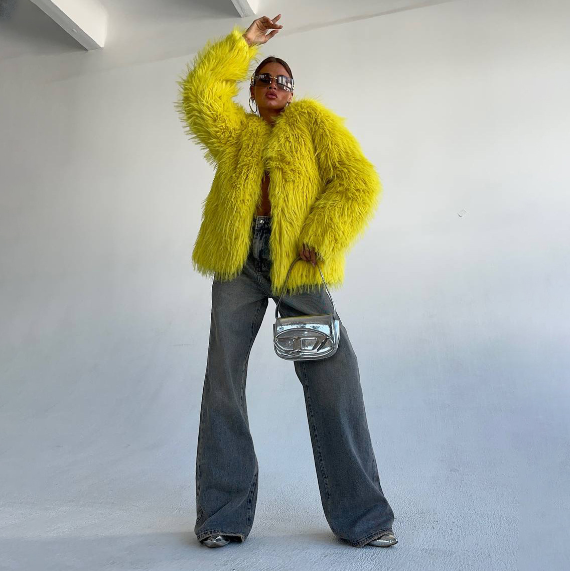 Solid Color Fuzzy Faux Fur Coat for Women – Short Elegant Winter Jacket with Slimming Cut