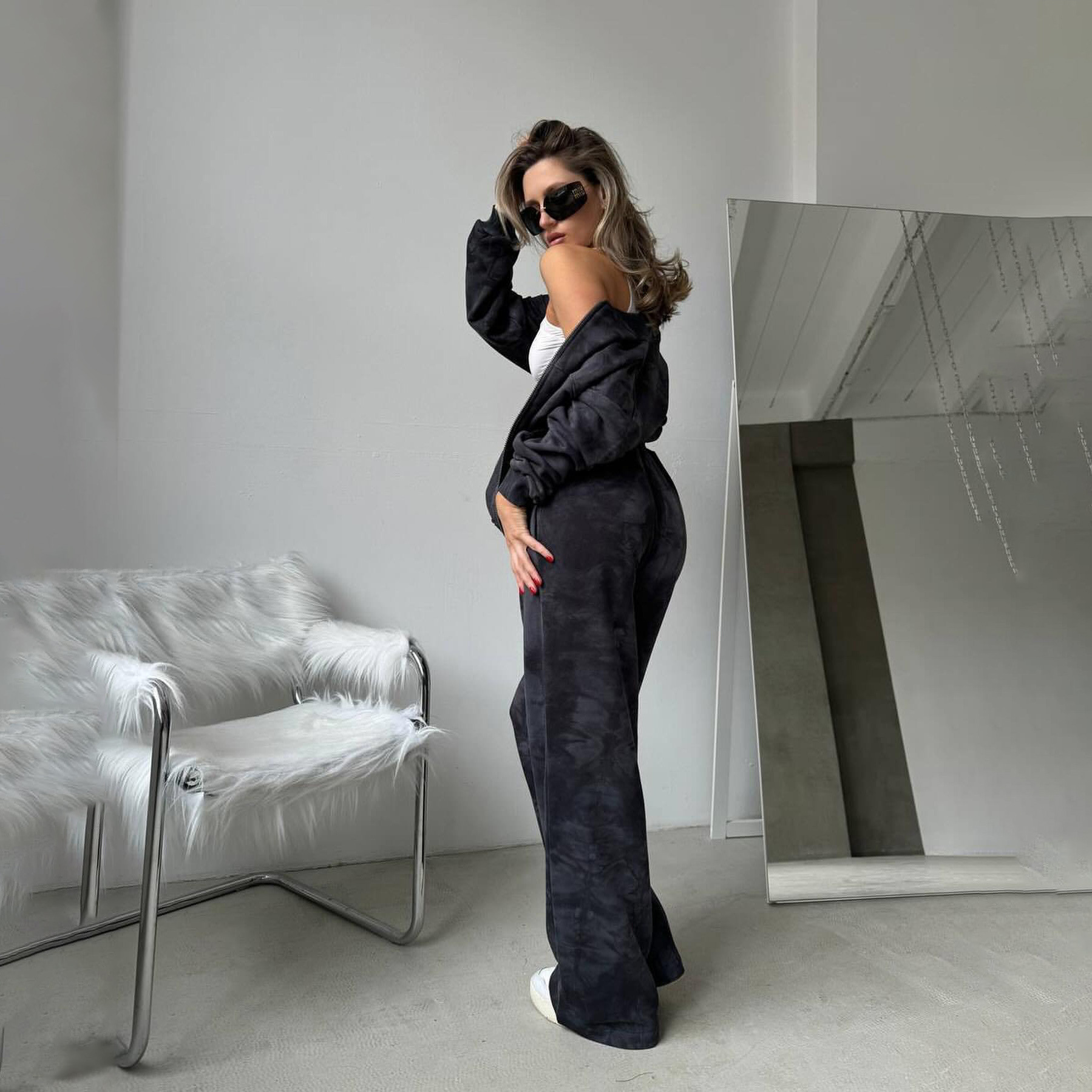 Tie-Dye Zipper Jacket + Street Style Low Waist Patchwork Pants 2-Piece Set for Women