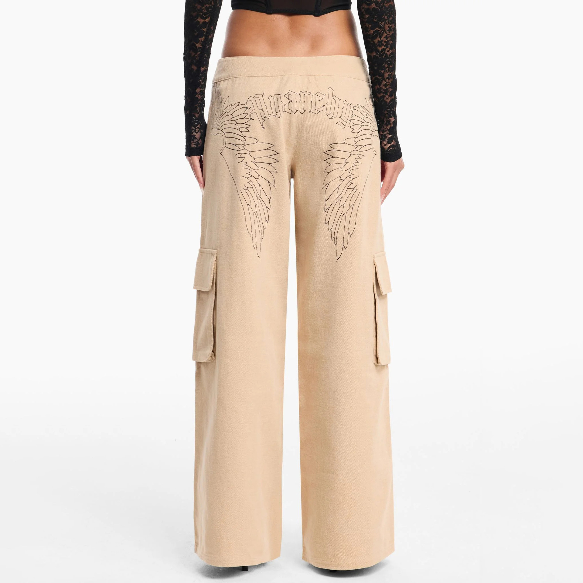 Designsoo Angel Wings Embroidery Casual Straight Leg Cargo Pants
