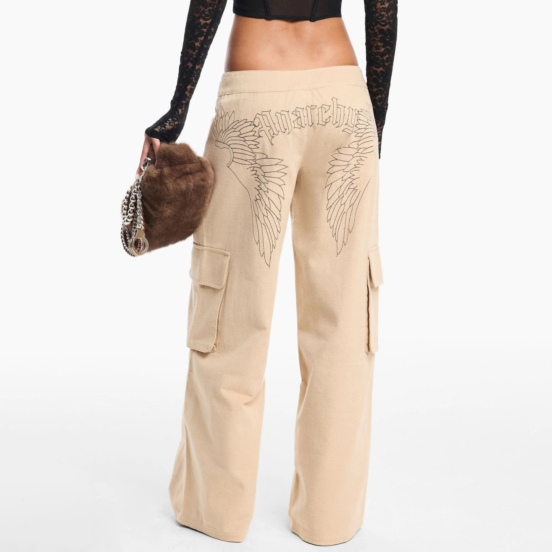Designsoo Angel Wings Embroidery Casual Straight Leg Cargo Pants