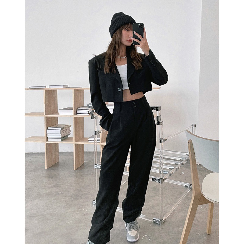 Short Blazer + Slimming High-Waist Drape Trousers Suit Set