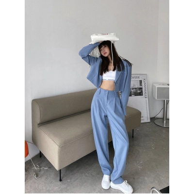 Short Blazer + Slimming High-Waist Drape Trousers Suit Set 01