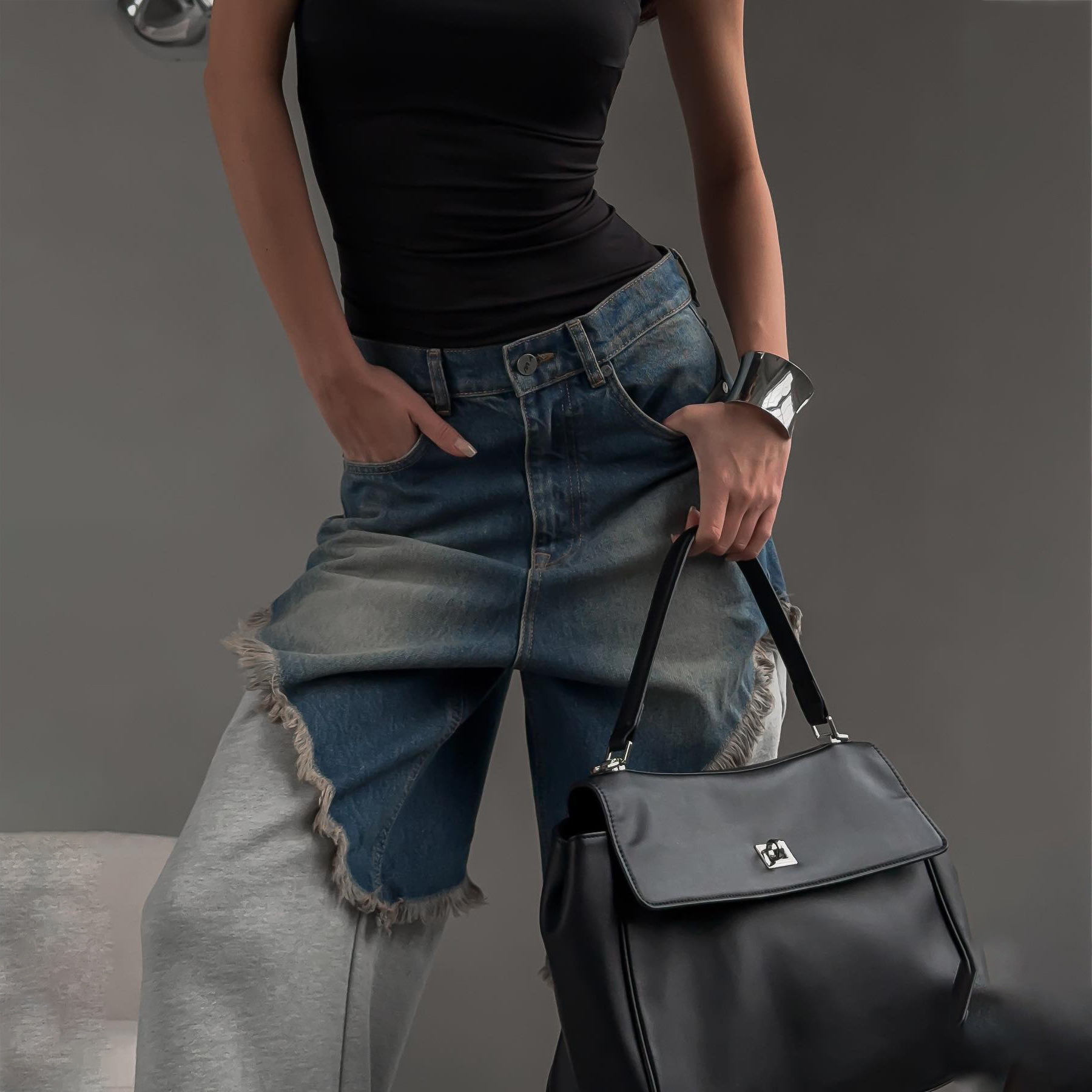 Designsoo Design-Forward Frayed Denim & Hoodie Fabric Jogger Pants