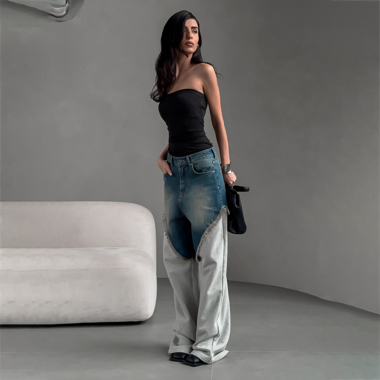 Designsoo Design-Forward Frayed Denim & Hoodie Fabric Jogger Pants