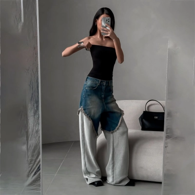 Designsoo Design-Forward Frayed Denim & Hoodie Fabric Jogger Pants 01