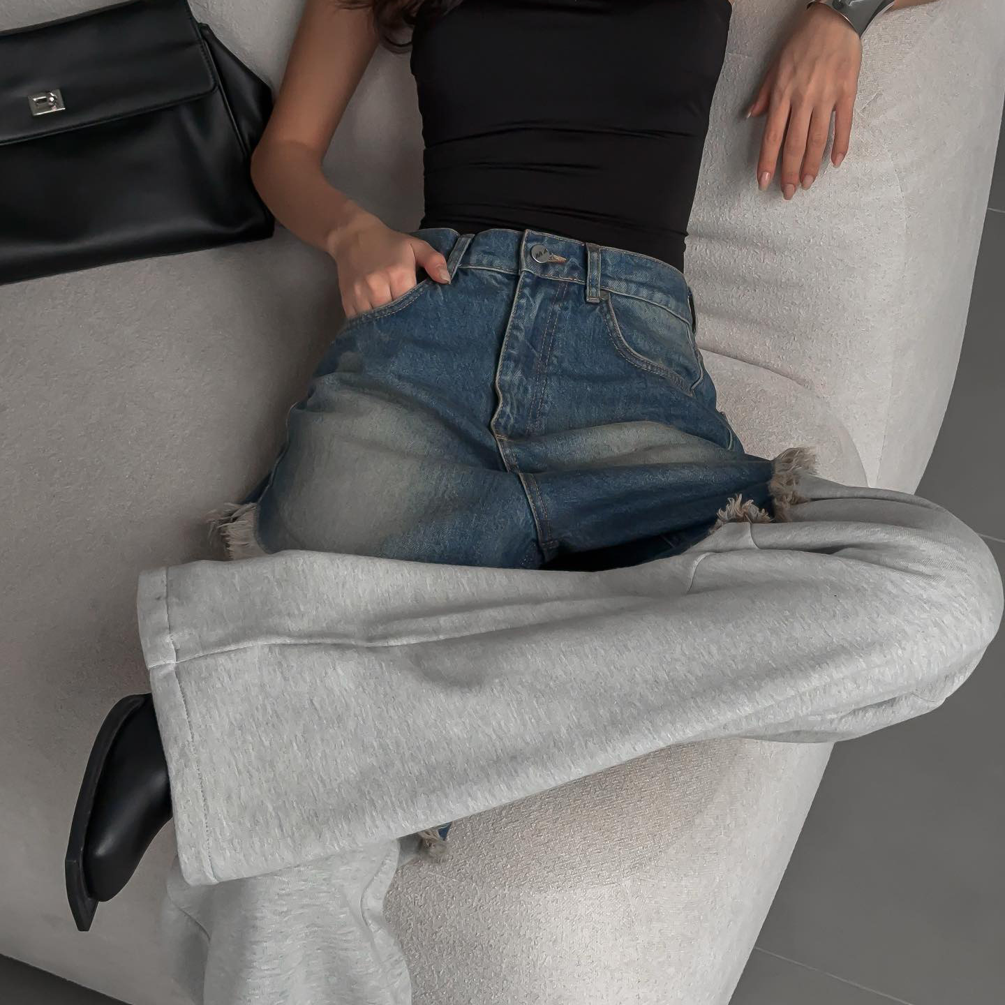 Designsoo Design-Forward Frayed Denim & Hoodie Fabric Jogger Pants