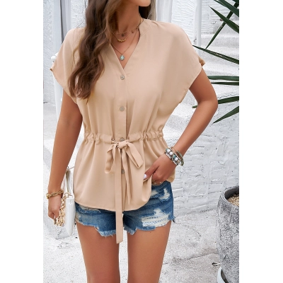 Designsoo Elegant Solid Color Waist-Cinching Short Sleeve Blouse 01