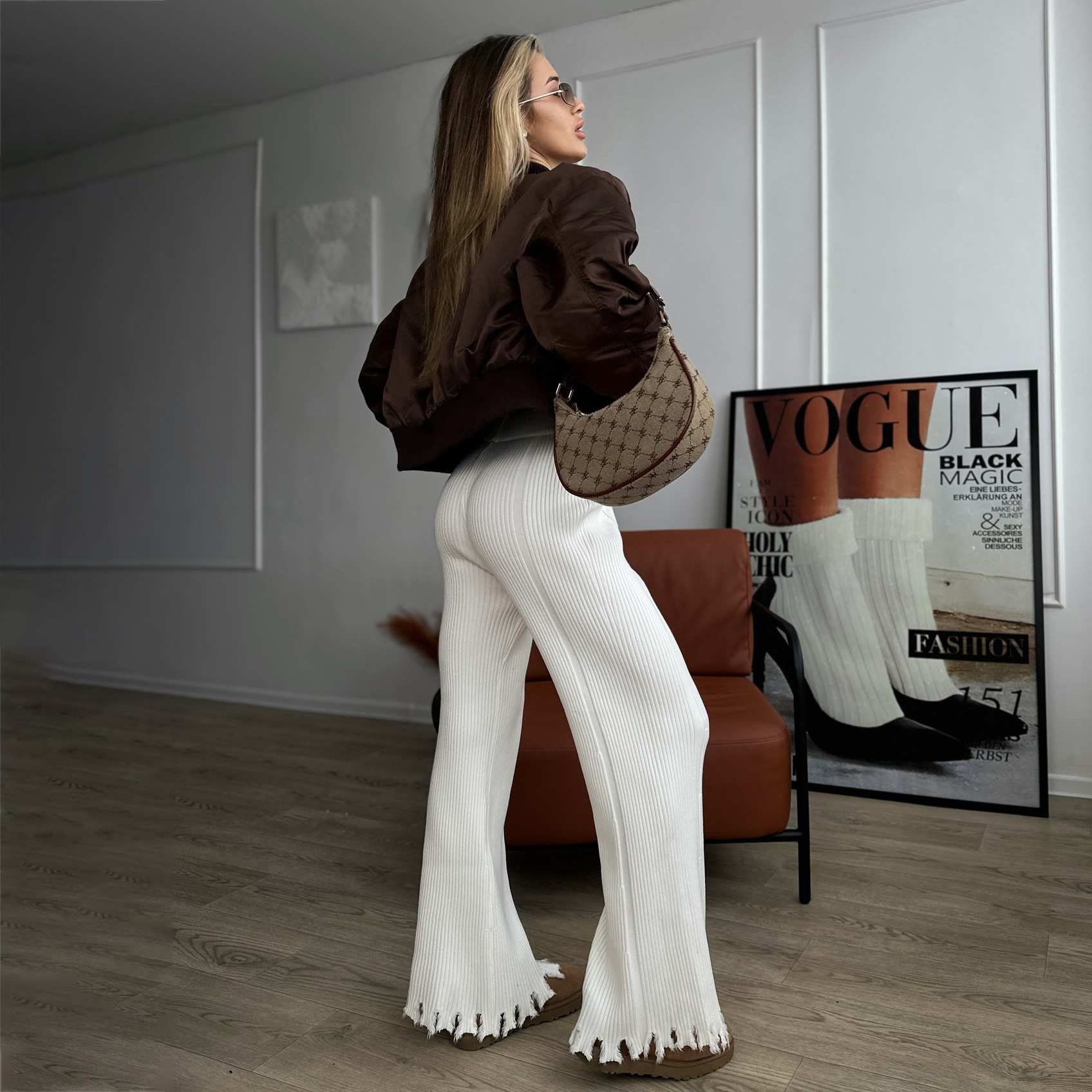 Designsoo Street Commute Bell-Bottom Frayed Edge Knit Casual Pants