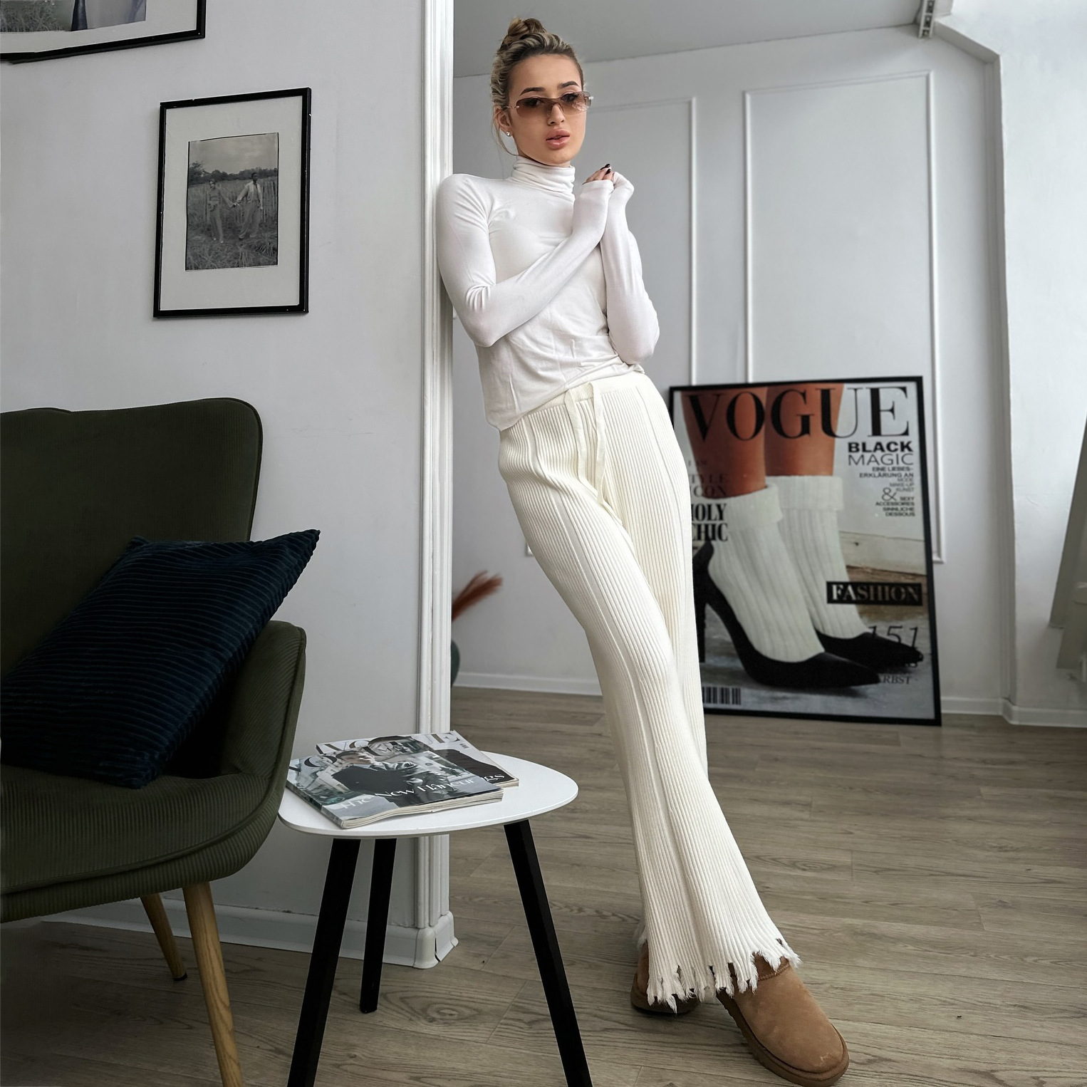 Designsoo Street Commute Bell-Bottom Frayed Edge Knit Casual Pants