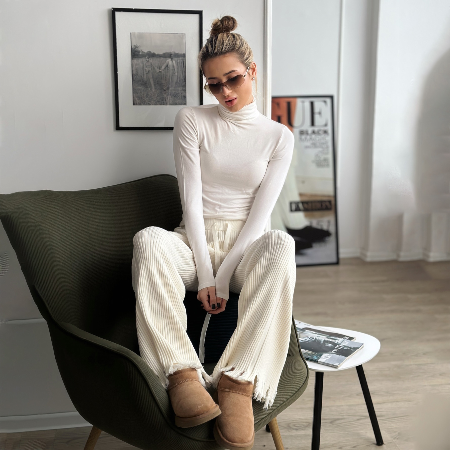 Designsoo Street Commute Bell-Bottom Frayed Edge Knit Casual Pants