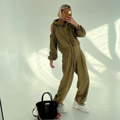 Designsoo Stylish Off-the-Shoulder Hoodie with Straight Leg Pants Two-Piece Set 02