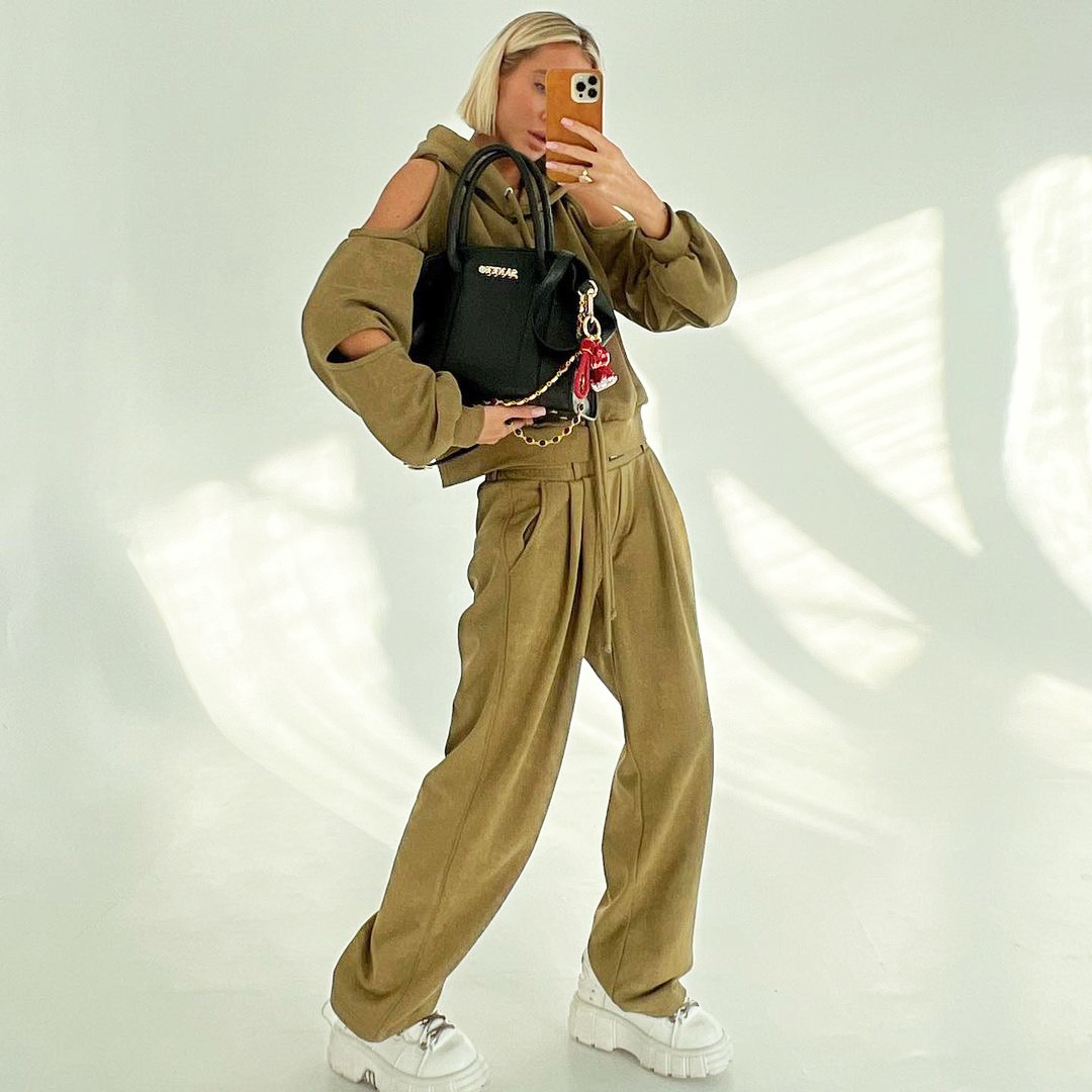 Designsoo Stylish Off-the-Shoulder Hoodie with Straight Leg Pants Two-Piece Set