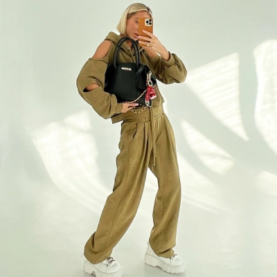 Designsoo Stylish Off-the-Shoulder Hoodie with Straight Leg Pants Two-Piece Set 01