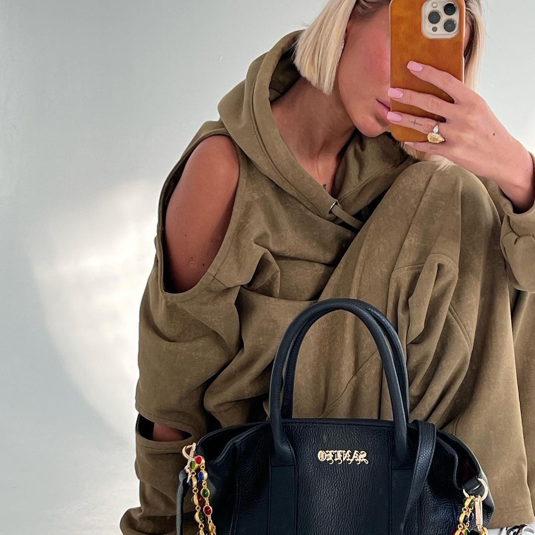 Designsoo Stylish Off-the-Shoulder Hoodie with Straight Leg Pants Two-Piece Set