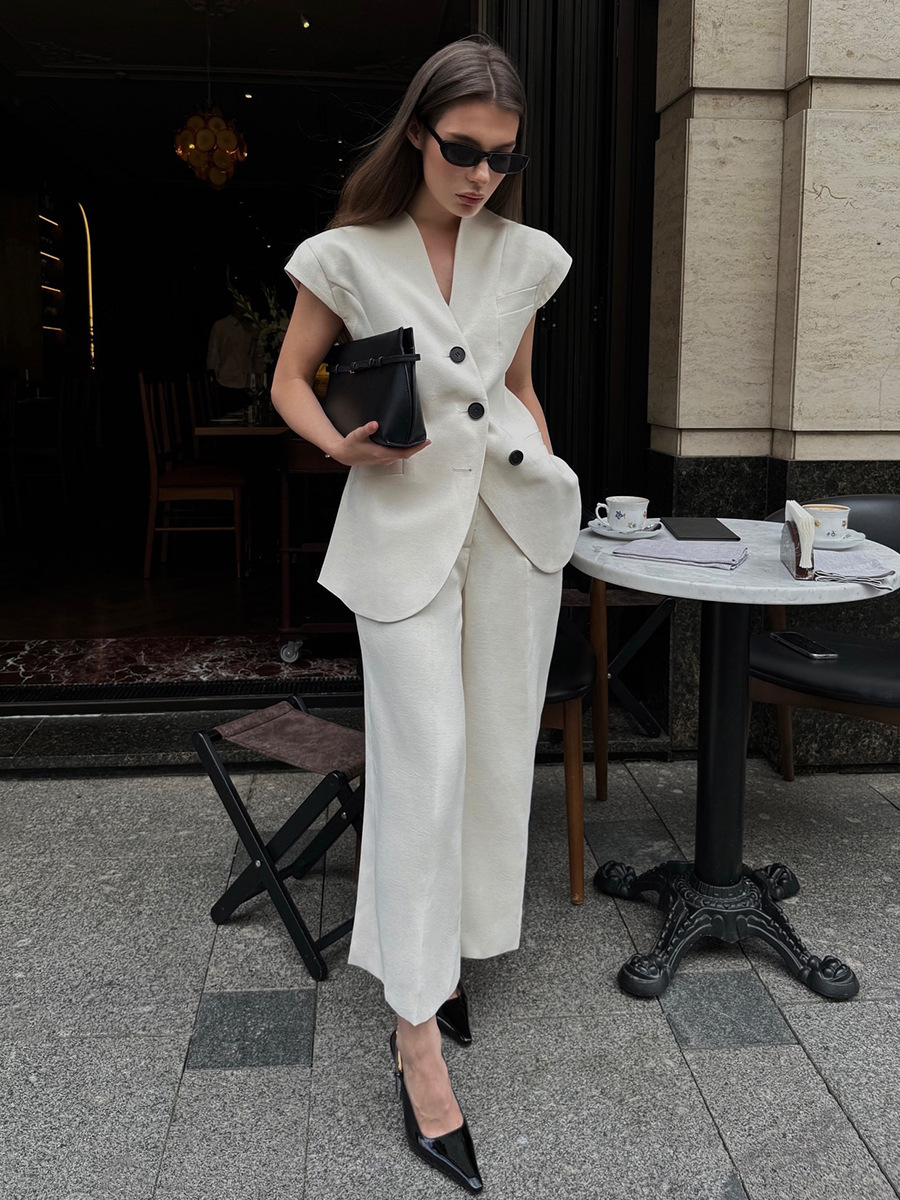 Designsoo Summer Commute Blazer Vest and Wide-Leg Pants Suit Set