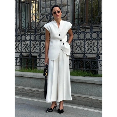 Summer Commute Blazer Vest and Wide-Leg Pants Suit Set 01