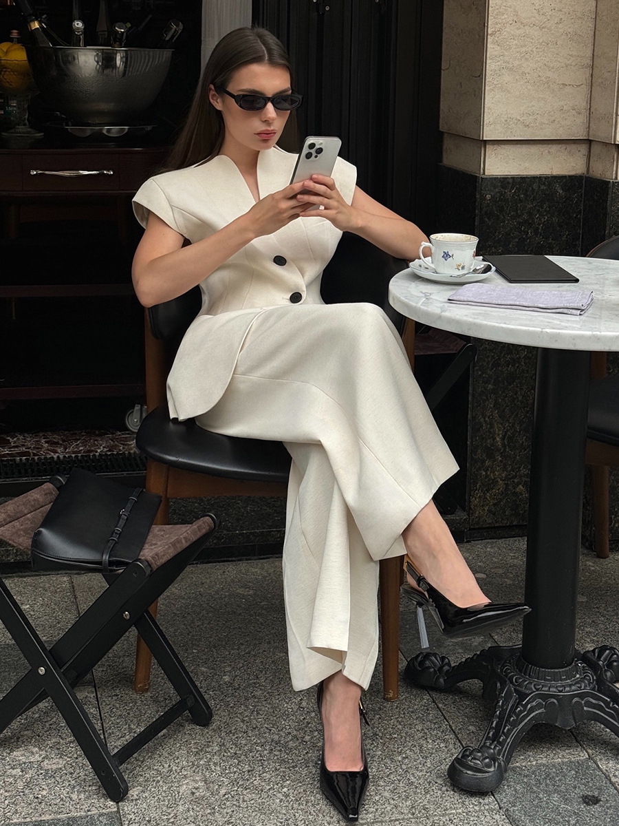 Designsoo Summer Commute Blazer Vest and Wide-Leg Pants Suit Set