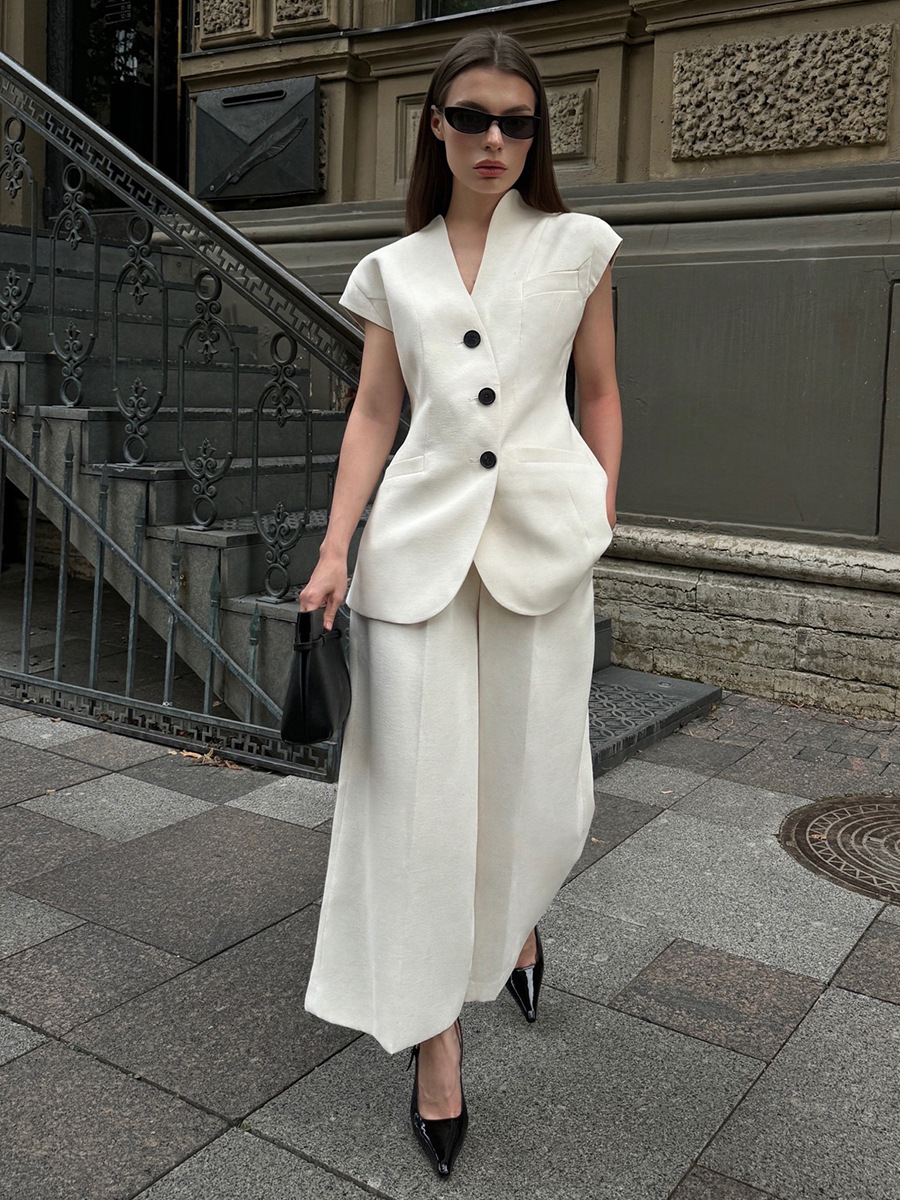 Designsoo Summer Commute Blazer Vest and Wide-Leg Pants Suit Set