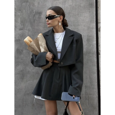 Y2K Structured Shoulder Notch Lapel Blazer + Mini Skirt Suit Set 01