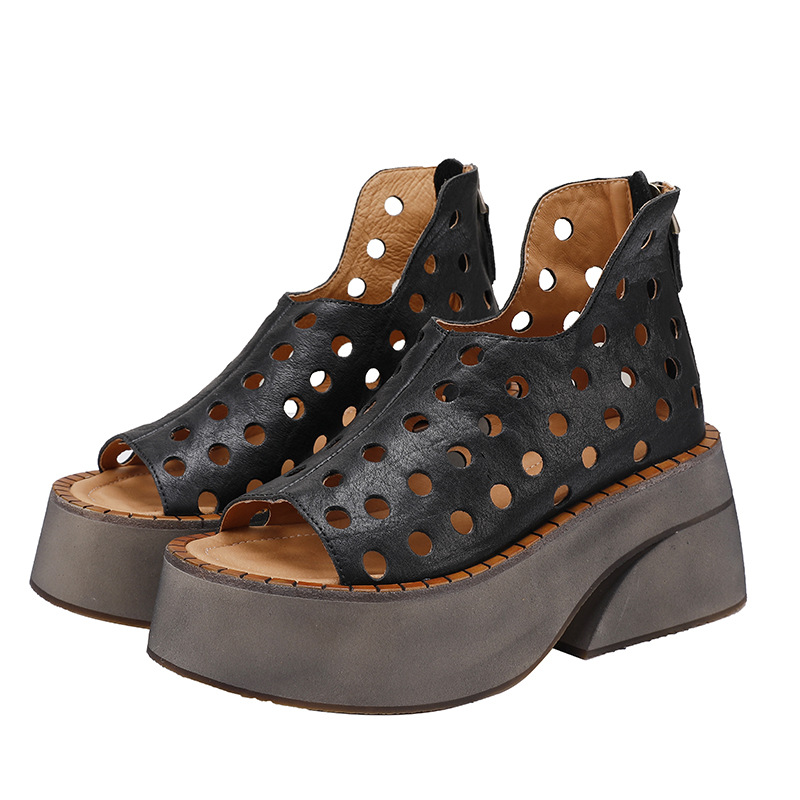 Genuine Leather Retro Platform Comfort Perforated Sandal Boots
