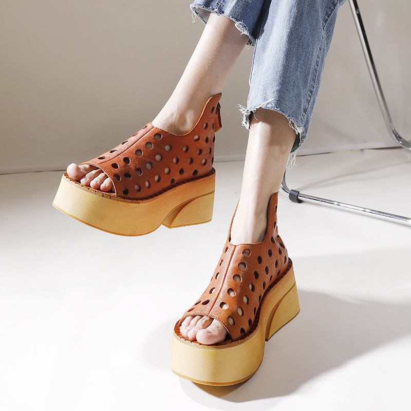 Genuine Leather Retro Platform Comfort Perforated Sandal Boots