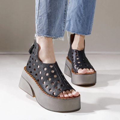 Genuine Leather Retro Platform Comfort Perforated Sandal Boots 02
