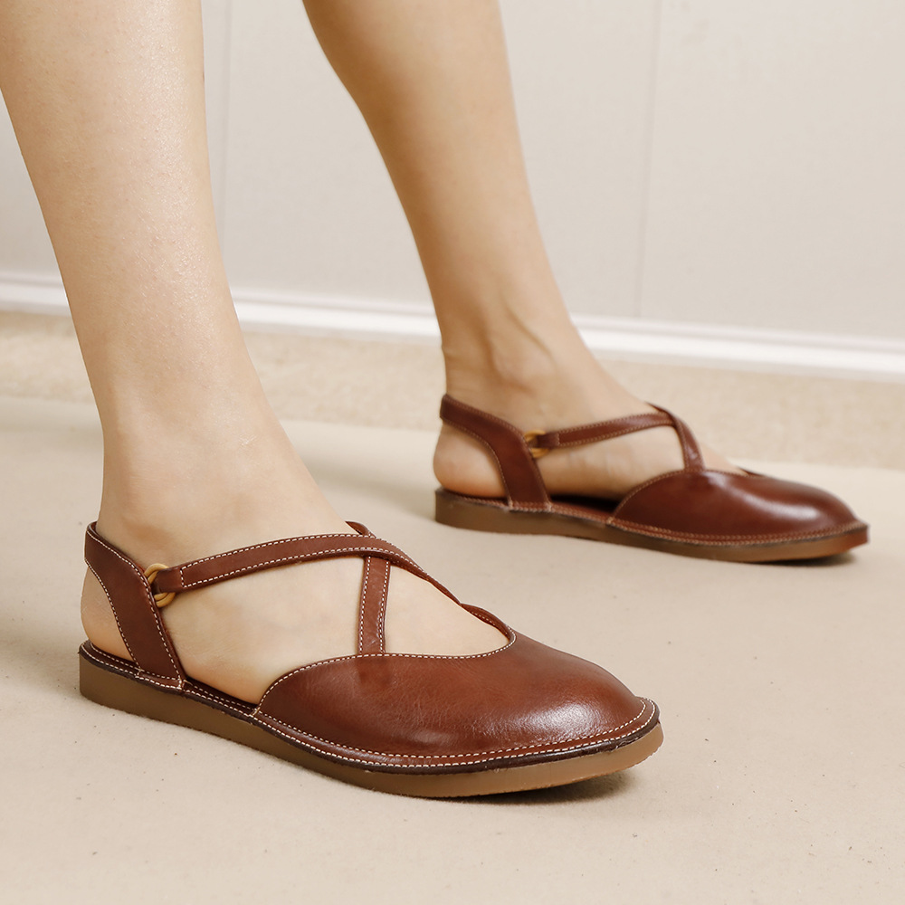 Genuine Leather Comfortable Soft Sole Toe-Cap Open Back Versatile Flat Sandals