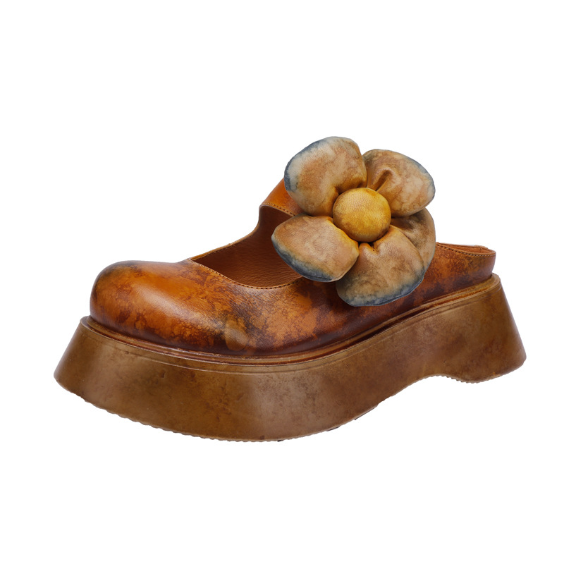 Floral Decorated Genuine Leather Toe-Cap Outdoor Sandals