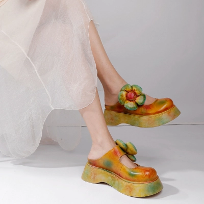 Floral Decorated Genuine Leather Toe-Cap Outdoor Sandals 01