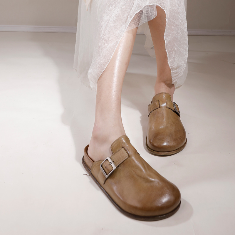 Washed Cowhide Leather Comfort Toe-Cap Flat Sole Outdoor Sandals 