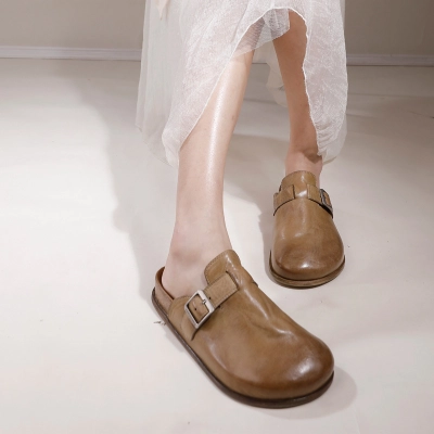 Washed Cowhide Leather Comfort Toe-Cap Flat Sole Outdoor Sandals  01