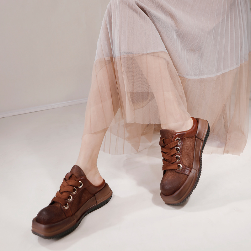 Handcrafted Burned Cowhide Retro Lace-Up Thick Sole Slippers