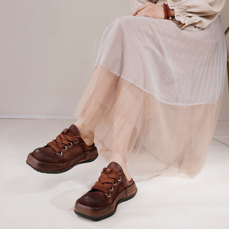 Handcrafted Burned Cowhide Retro Lace-Up Thick Sole Slippers