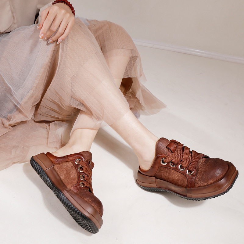 Handcrafted Burned Cowhide Retro Lace-Up Thick Sole Slippers