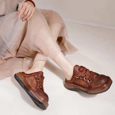 Handcrafted Burned Cowhide Retro Lace-Up Thick Sole Slippers 02
