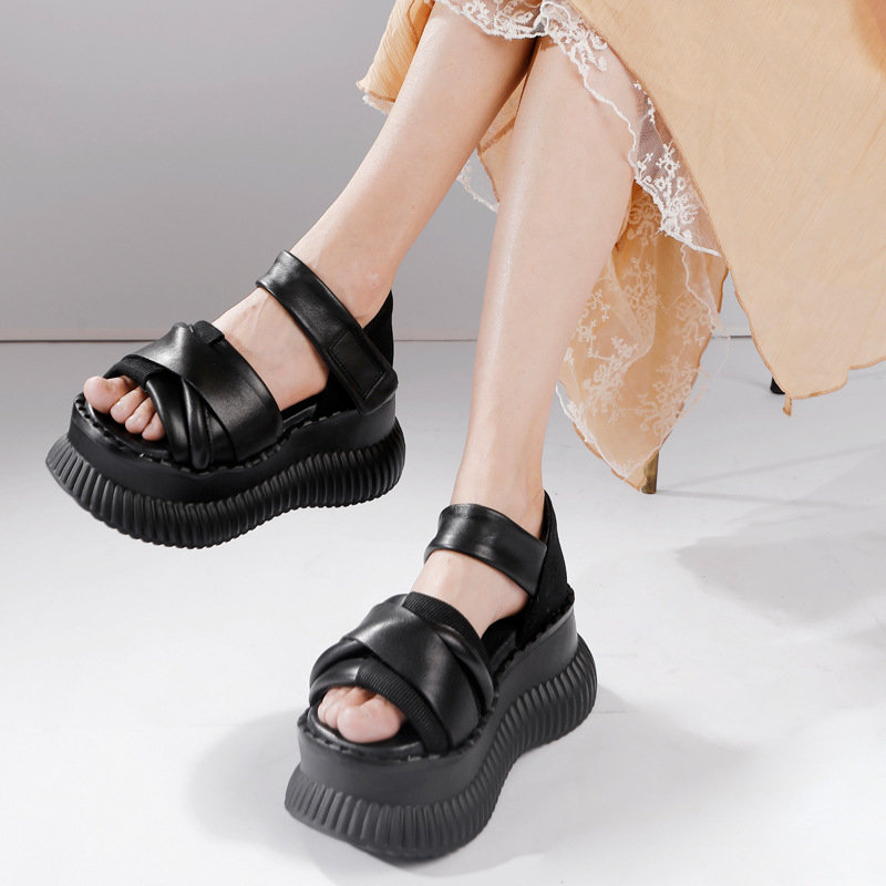 Genuine Leather Thick Sole Peep Toe Bread Shoes