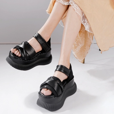 Genuine Leather Thick Sole Peep Toe Bread Shoes 02