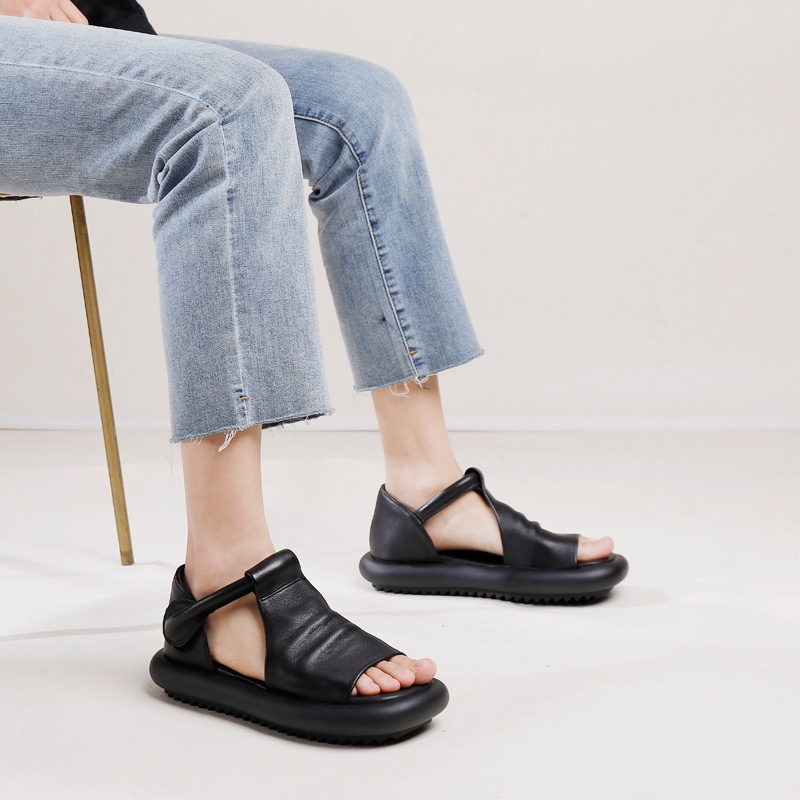 Vintage Genuine Leather Peep Toe Sandals for Women