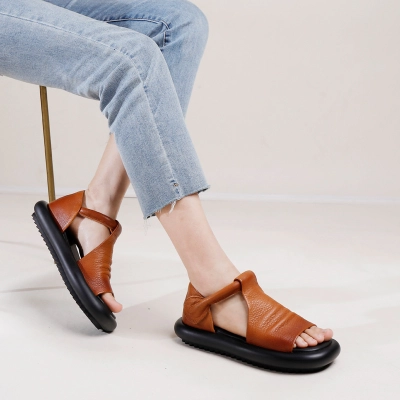 Vintage Genuine Leather Peep Toe Sandals for Women 02