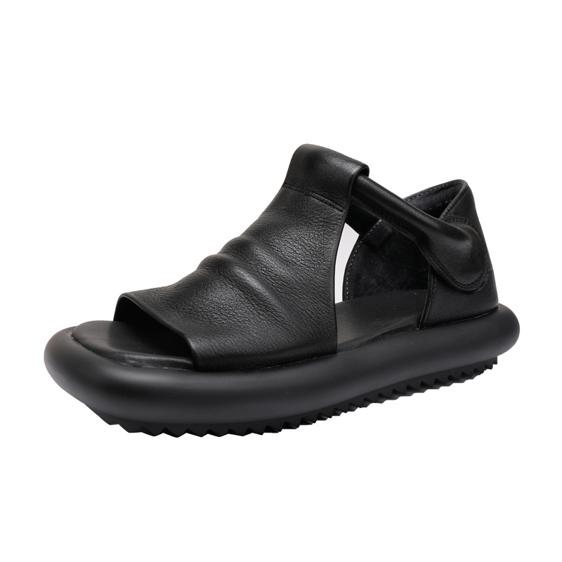 Vintage Genuine Leather Peep Toe Sandals for Women